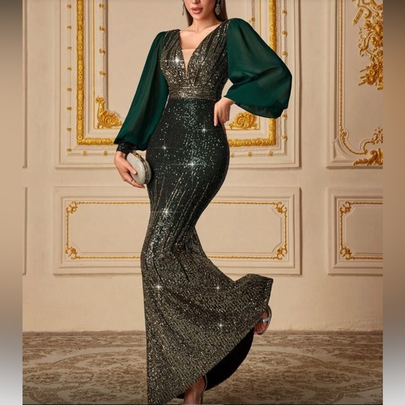 Luxe green lantern sleeve sequins party formal evening prom maxi dress - Picture 2 of 6
